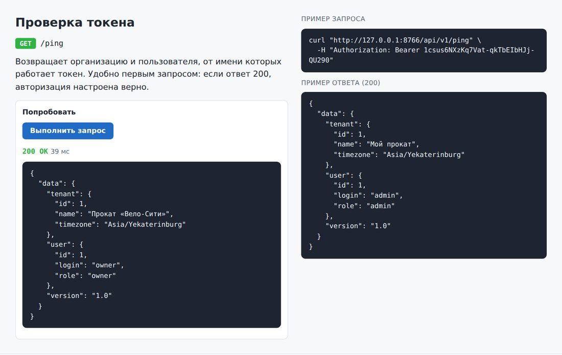 Проверка токена в документации API AllRent-CRM