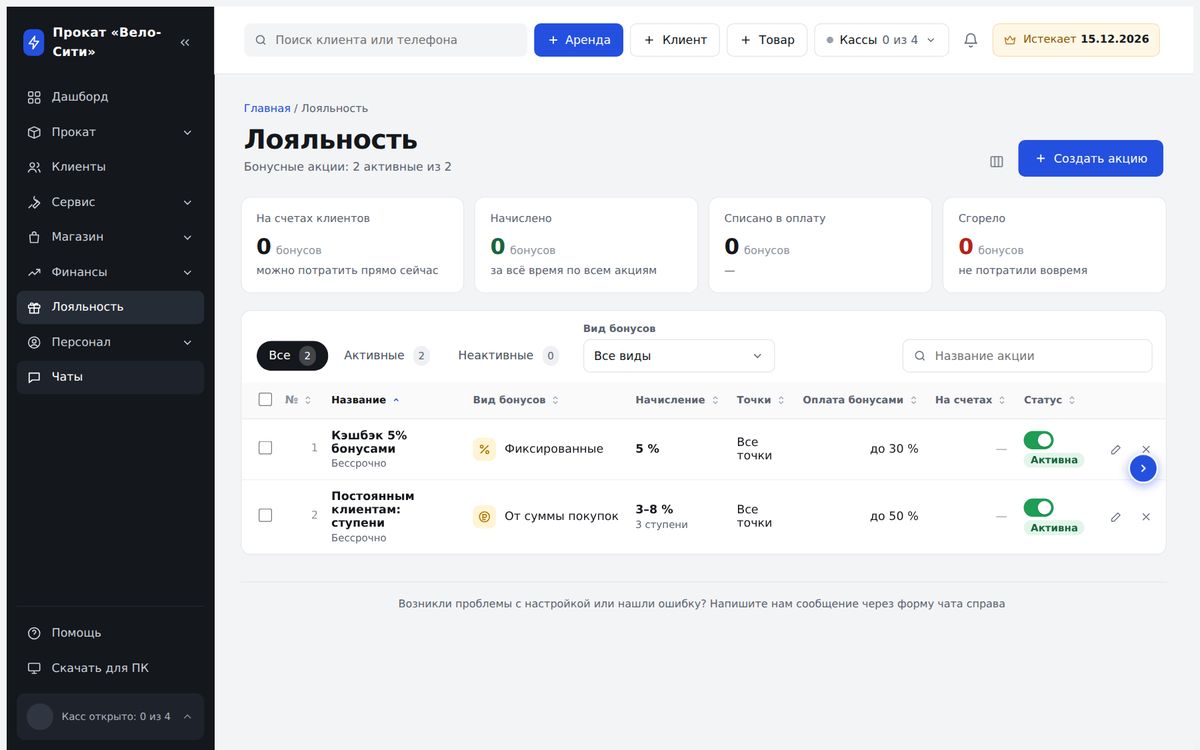 Список акций лояльности со статусами