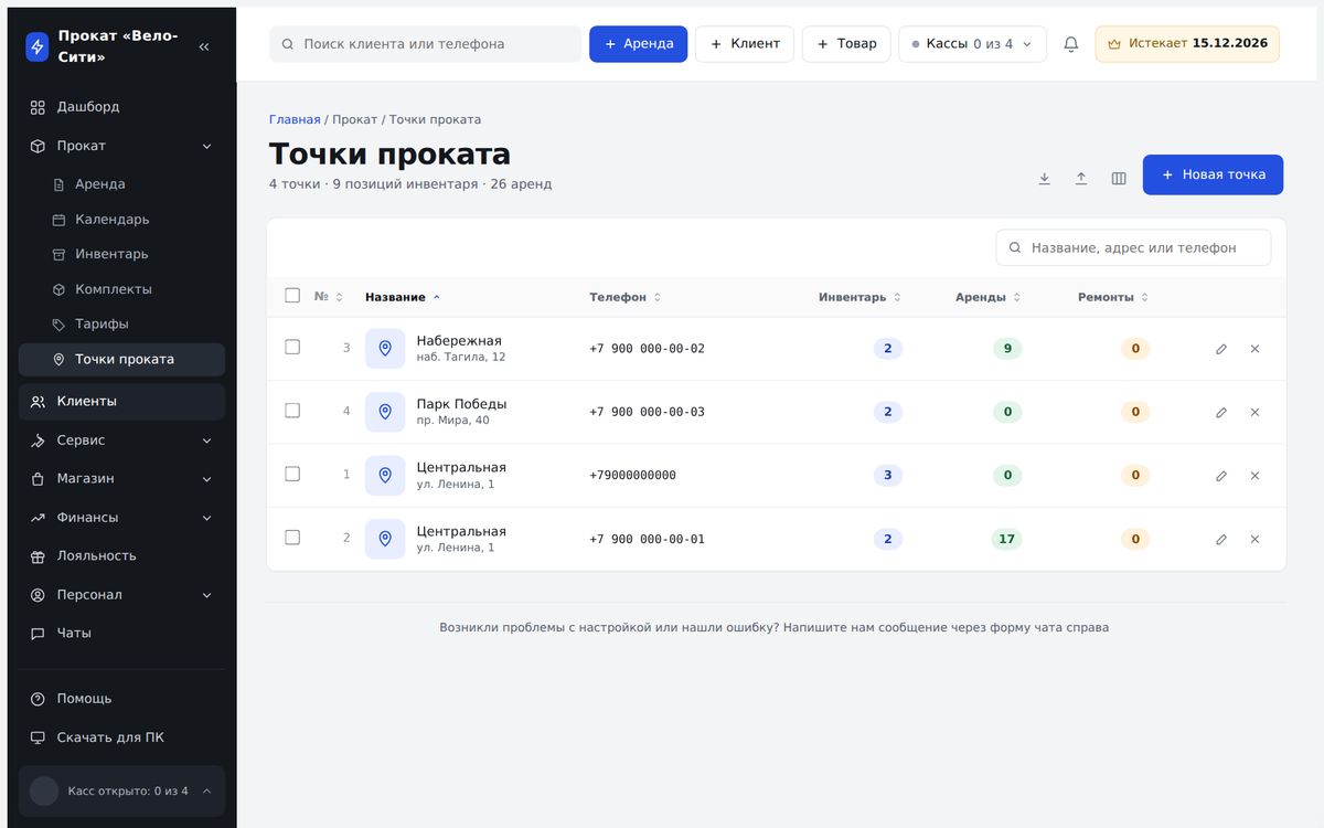 Список точек проката в AllRent-CRM